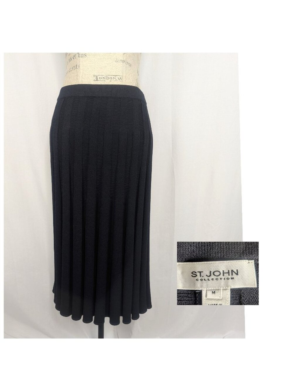 St. John Black Knit Skirt Medium Santana Midi Pleated